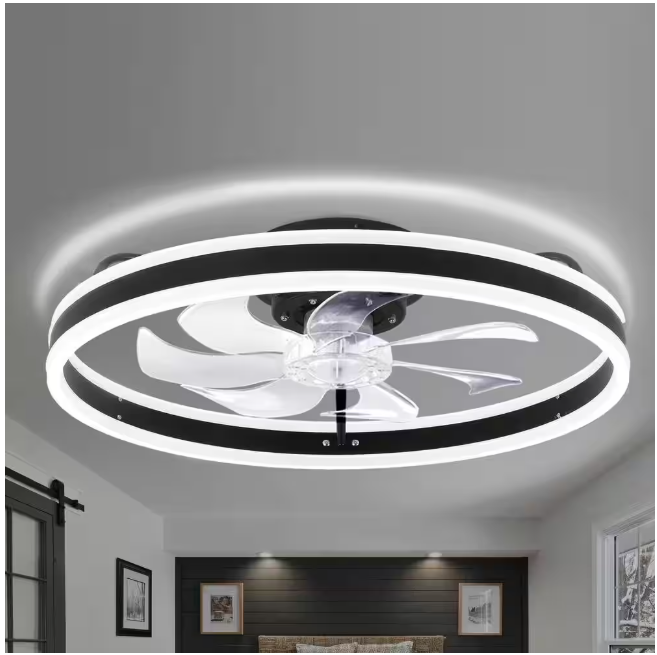 Oaks Aura 20in. LED Indoor Black Bladeless Low Profile Ceiling Fan Flush Mount Smart App Remote Control Dimmable Lighting
