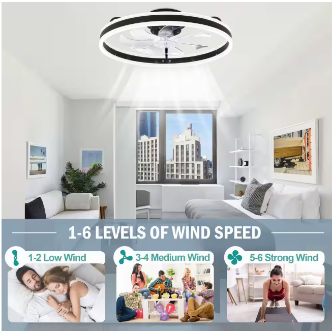 Oaks Aura 20in. LED Indoor Black Bladeless Low Profile Ceiling Fan Flush Mount Smart App Remote Control Dimmable Lighting