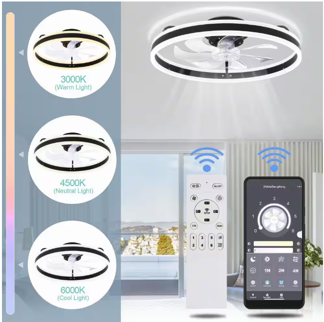 Oaks Aura 20in. LED Indoor Black Bladeless Low Profile Ceiling Fan Flush Mount Smart App Remote Control Dimmable Lighting