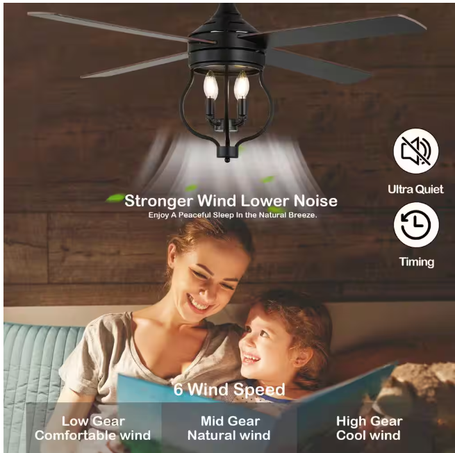 Oaks Aura Montez 52 in. Indoor Black 4-Light Farmhouse Modern Ceiling Fan w/Light, Rustic 6-Speed Reversible Ceiling Fan w/Remote