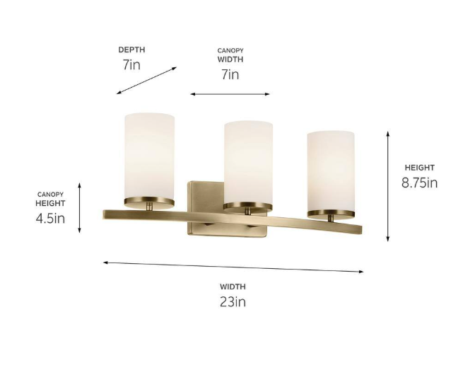 KICHLER Crosby 23 in. 3-Light Natural Brass Contemporary Bathroom Vanity Light with Satin Etched Opal Glass