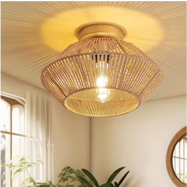 SILJOY 12.6 in Boho Rattan 1-Light Ceiling Flush Mount Light Rattan Cage Shade Ceiling Light