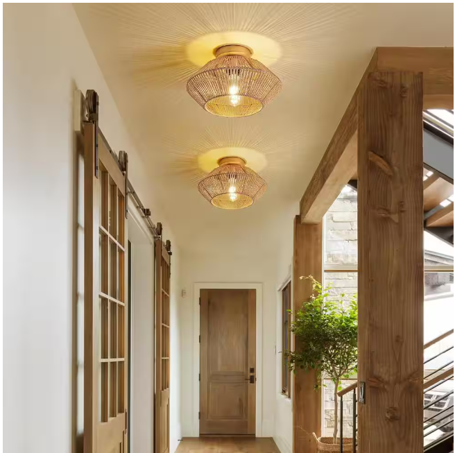 SILJOY 12.6 in Boho Rattan 1-Light Ceiling Flush Mount Light Rattan Cage Shade Ceiling Light