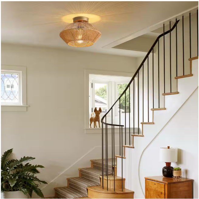 SILJOY 12.6 in Boho Rattan 1-Light Ceiling Flush Mount Light Rattan Cage Shade Ceiling Light
