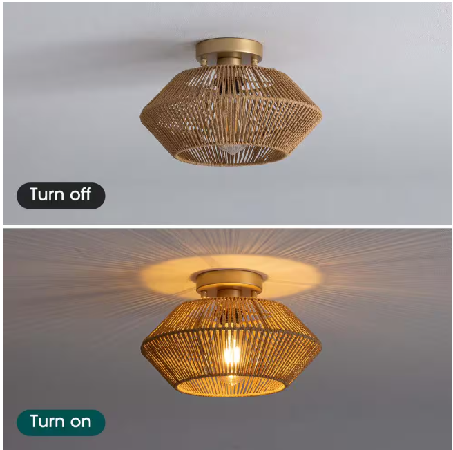 SILJOY 12.6 in Boho Rattan 1-Light Ceiling Flush Mount Light Rattan Cage Shade Ceiling Light