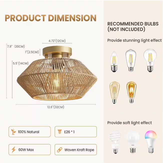 SILJOY 12.6 in Boho Rattan 1-Light Ceiling Flush Mount Light Rattan Cage Shade Ceiling Light