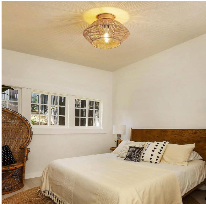 SILJOY 12.6 in Boho Rattan 1-Light Ceiling Flush Mount Light Rattan Cage Shade Ceiling Light