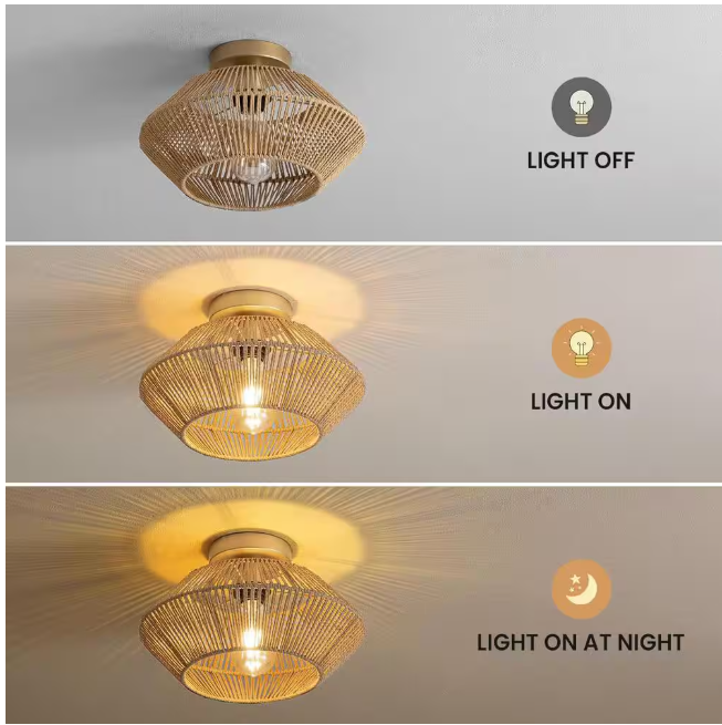 SILJOY 12.6 in Boho Rattan 1-Light Ceiling Flush Mount Light Rattan Cage Shade Ceiling Light