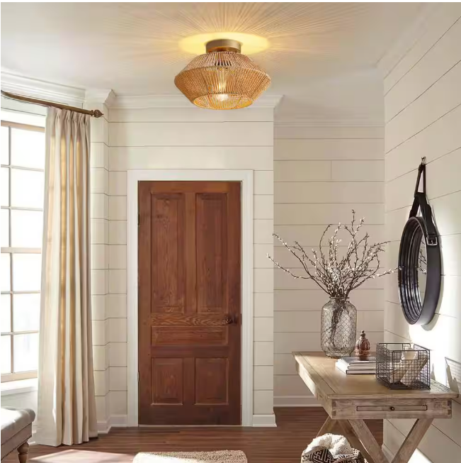 SILJOY 12.6 in Boho Rattan 1-Light Ceiling Flush Mount Light Rattan Cage Shade Ceiling Light