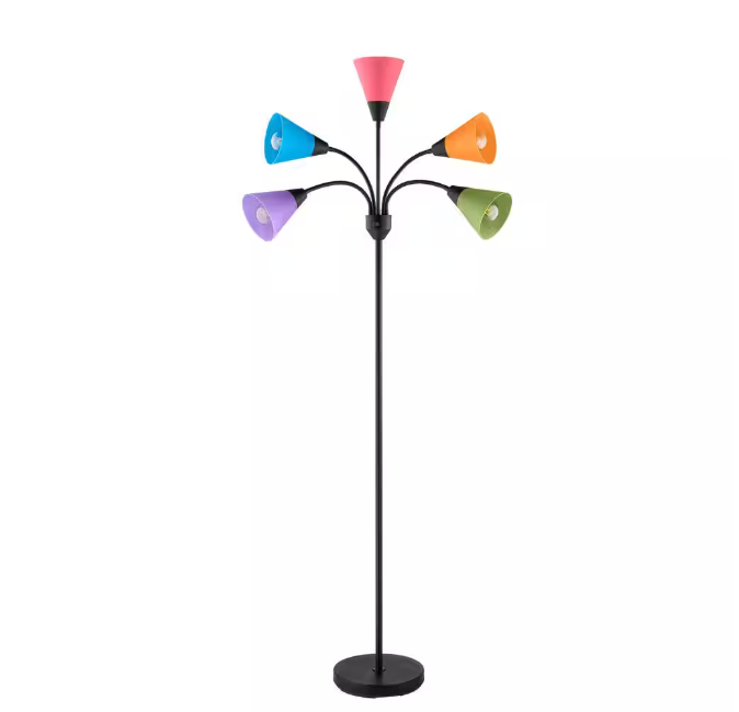 Hampton Bay 67 in. 5-Light Black Gooseneck Floor Lamp with Multi-Color Acrylic Shades