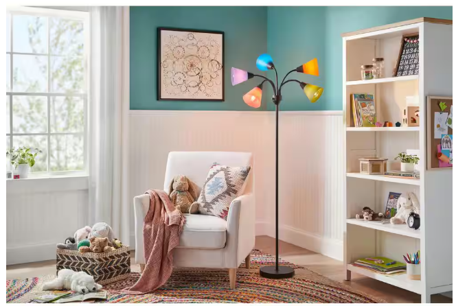 Hampton Bay 67 in. 5-Light Black Gooseneck Floor Lamp with Multi-Color Acrylic Shades