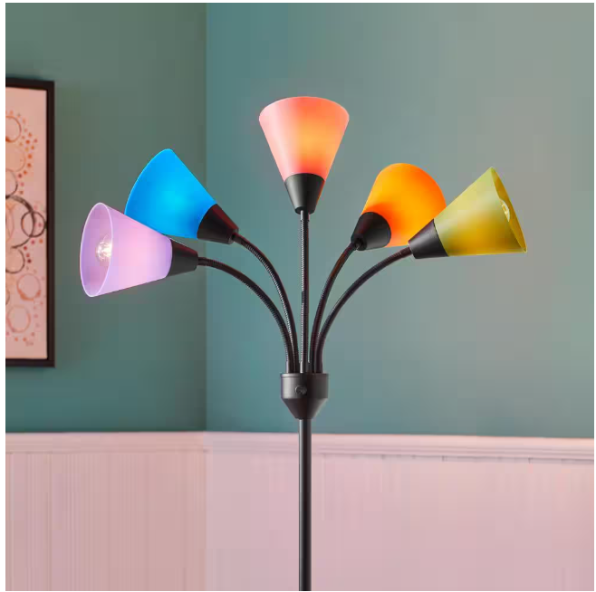 Hampton Bay 67 in. 5-Light Black Gooseneck Floor Lamp with Multi-Color Acrylic Shades