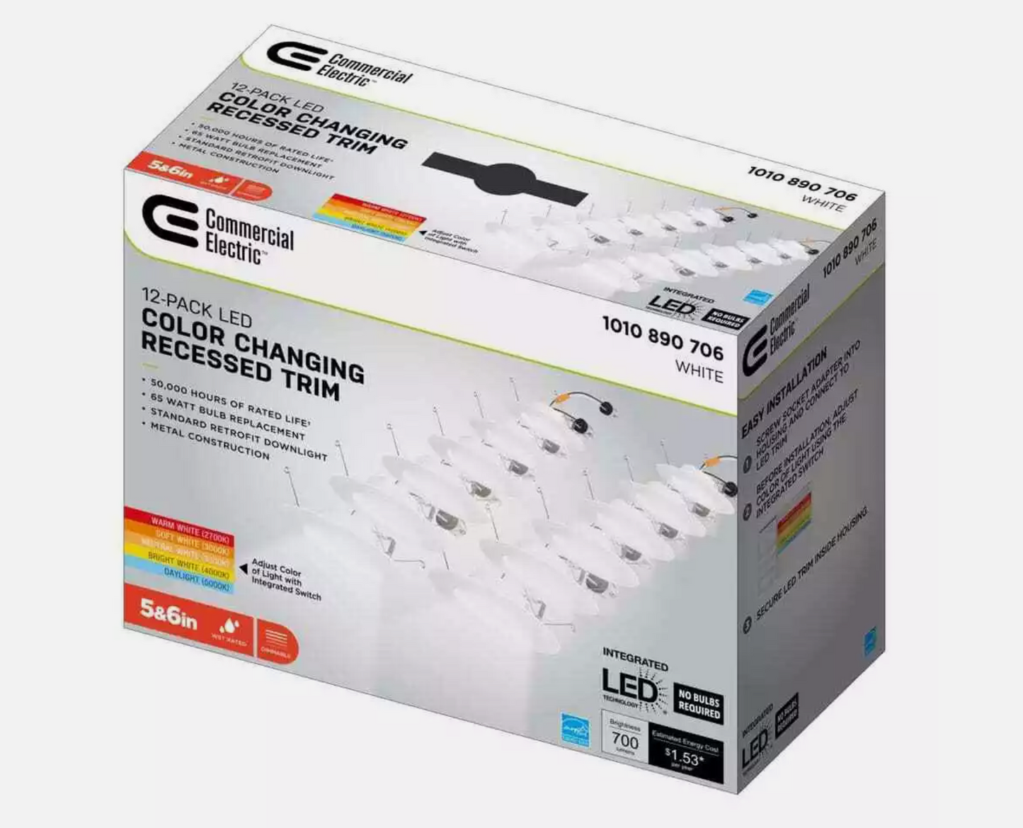 Commercial Electric 5/6 in. Integrated LED Recessed Retrofit Light Trim with Selectable Color Temperature, (12-Pack)