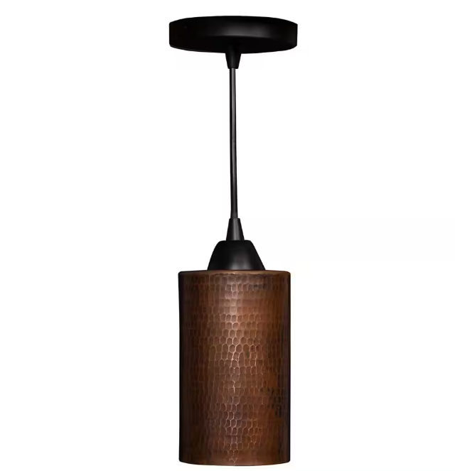 Premier Copper Products 1-Light Hammered Copper Ceiling Mount Cylinder Pendant in Oil Rubbed Bronze