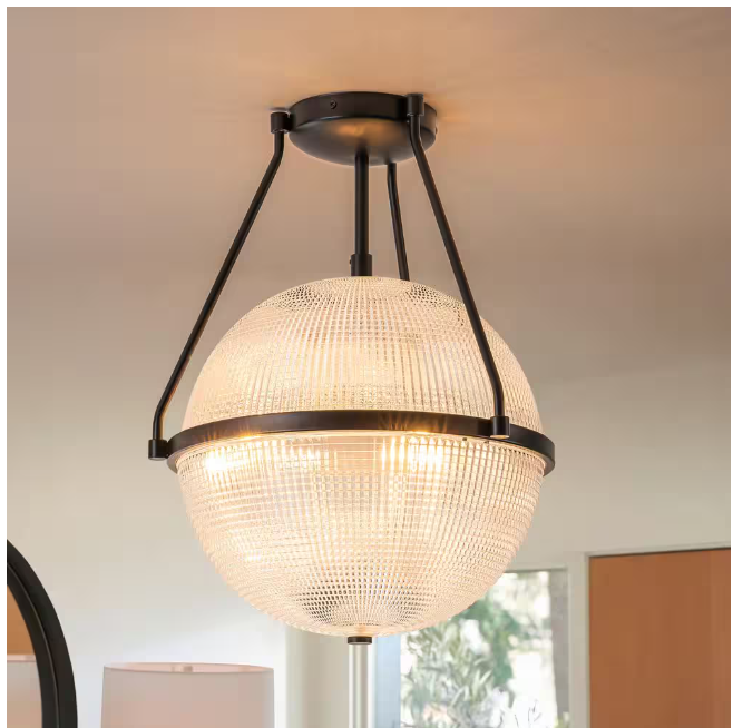 Rennnsan Lena 13.7 in. 3-Light Black Modern Industrial Semi-Flush Mount with Clear Grid Glass Globe Shade