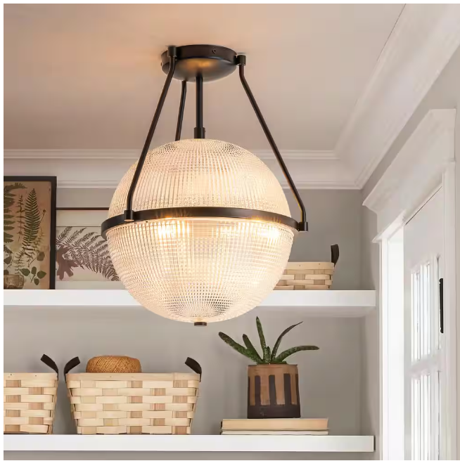 Rennnsan Lena 13.7 in. 3-Light Black Modern Industrial Semi-Flush Mount with Clear Grid Glass Globe Shade