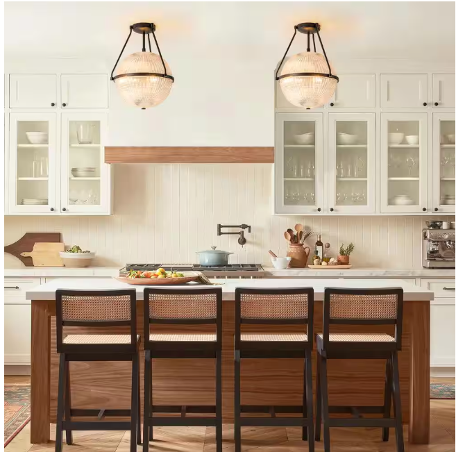 Rennnsan Lena 13.7 in. 3-Light Black Modern Industrial Semi-Flush Mount with Clear Grid Glass Globe Shade