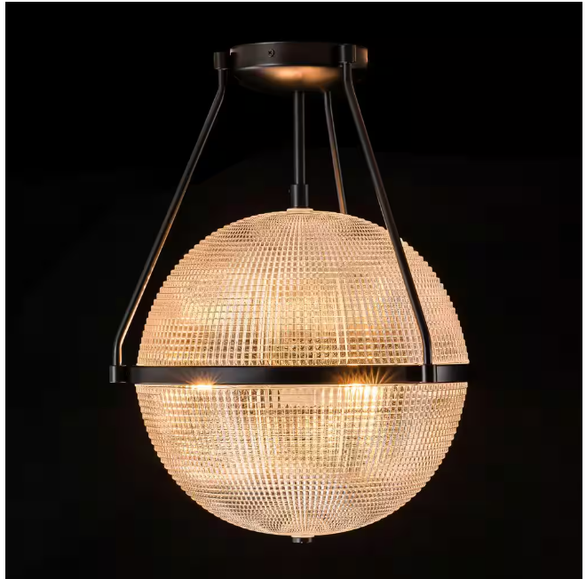 Rennnsan Lena 13.7 in. 3-Light Black Modern Industrial Semi-Flush Mount with Clear Grid Glass Globe Shade
