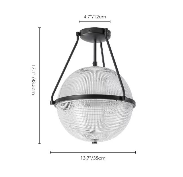 Rennnsan Lena 13.7 in. 3-Light Black Modern Industrial Semi-Flush Mount with Clear Grid Glass Globe Shade