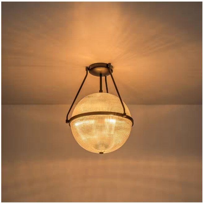 Rennnsan Lena 13.7 in. 3-Light Black Modern Industrial Semi-Flush Mount with Clear Grid Glass Globe Shade