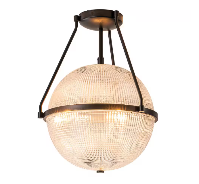 Rennnsan Lena 13.7 in. 3-Light Black Modern Industrial Semi-Flush Mount with Clear Grid Glass Globe Shade