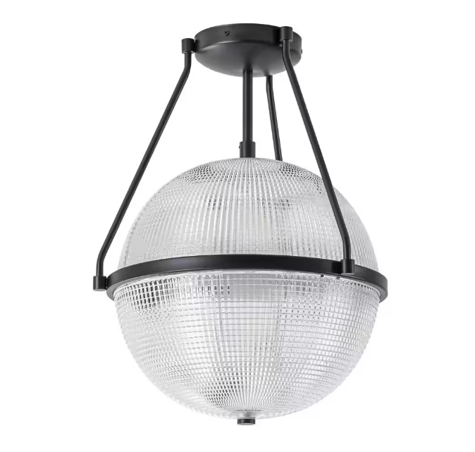 Rennnsan Lena 13.7 in. 3-Light Black Modern Industrial Semi-Flush Mount with Clear Grid Glass Globe Shade