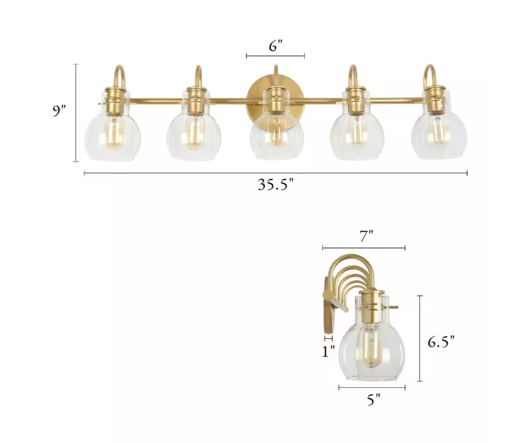 LNC Modern Light Gold Vanity Light 35.5 in. 5-Light Bathroom Power Room Light with Globe Clear Glass Shades