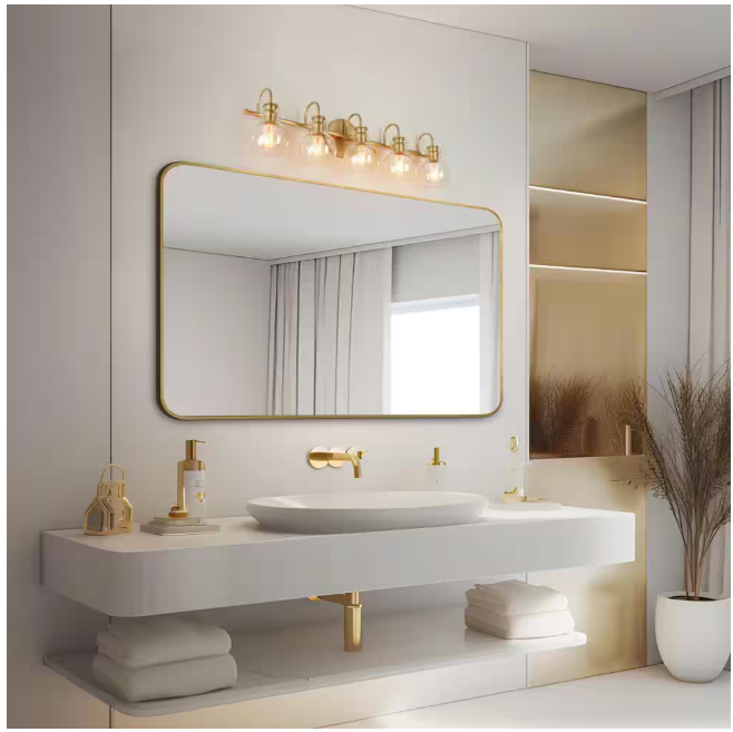 LNC Modern Light Gold Vanity Light 35.5 in. 5-Light Bathroom Power Room Light with Globe Clear Glass Shades