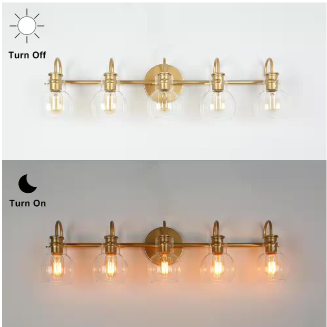 LNC Modern Light Gold Vanity Light 35.5 in. 5-Light Bathroom Power Room Light with Globe Clear Glass Shades