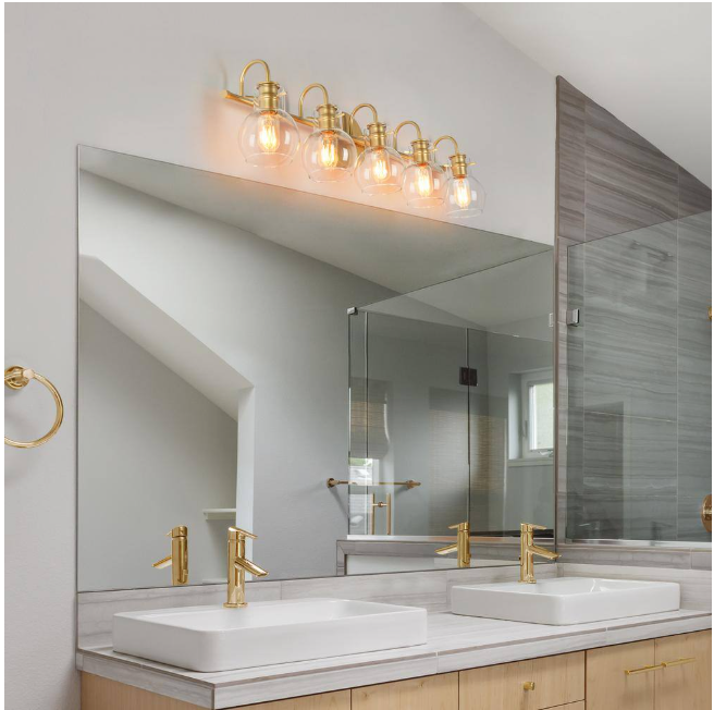 LNC Modern Light Gold Vanity Light 35.5 in. 5-Light Bathroom Power Room Light with Globe Clear Glass Shades