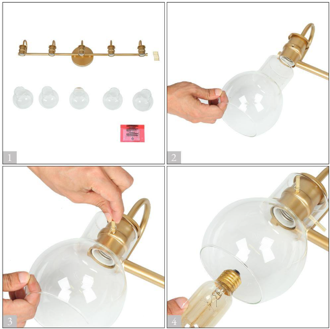 LNC Modern Light Gold Vanity Light 35.5 in. 5-Light Bathroom Power Room Light with Globe Clear Glass Shades