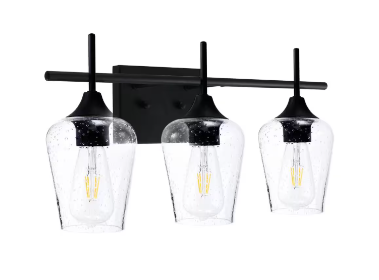 Merra 3-Light Black Bathroom Vanity Light with Seeded Glass Shades
