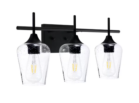 Merra 3-Light Black Bathroom Vanity Light with Seeded Glass Shades