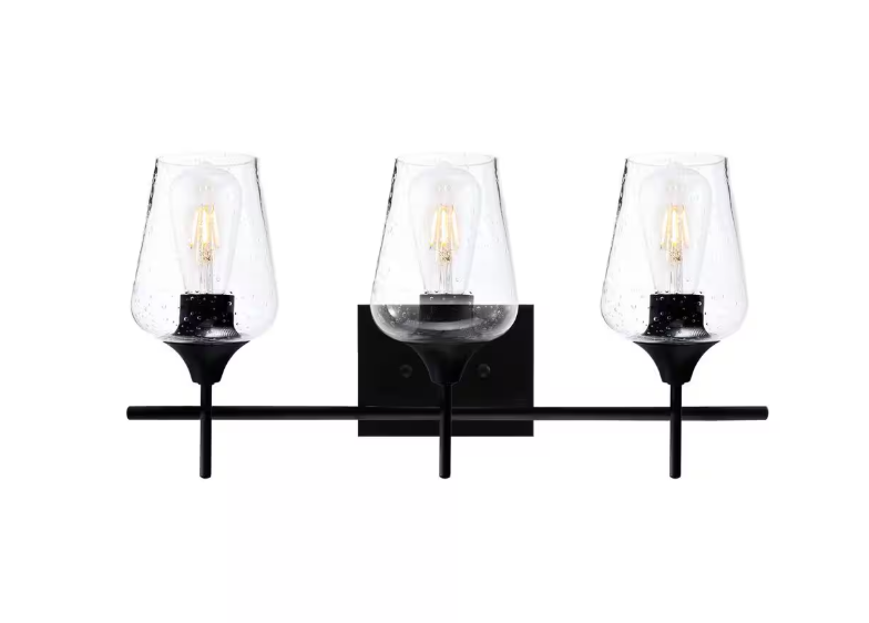 Merra 3-Light Black Bathroom Vanity Light with Seeded Glass Shades