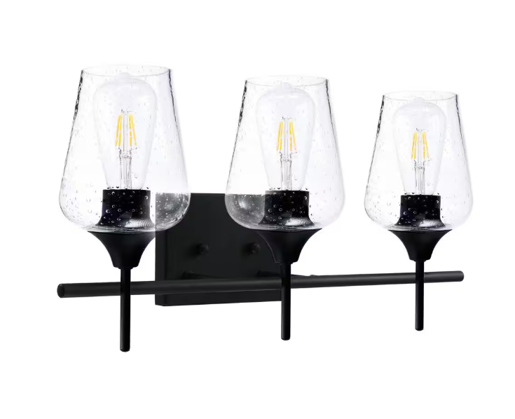 Merra 3-Light Black Bathroom Vanity Light with Seeded Glass Shades