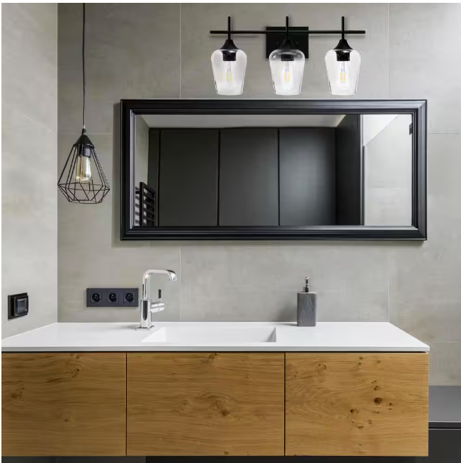 Merra 3-Light Black Bathroom Vanity Light with Seeded Glass Shades