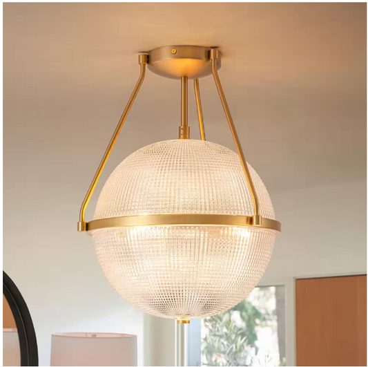 Rennnsan Lena 13.7 in. 3-Light Brass Gold Modern Industrial Semi-Flush Mount with Clear Grid Glass Globe Shade