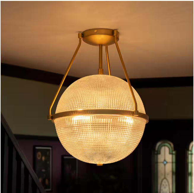 Rennnsan Lena 13.7 in. 3-Light Brass Gold Modern Industrial Semi-Flush Mount with Clear Grid Glass Globe Shade