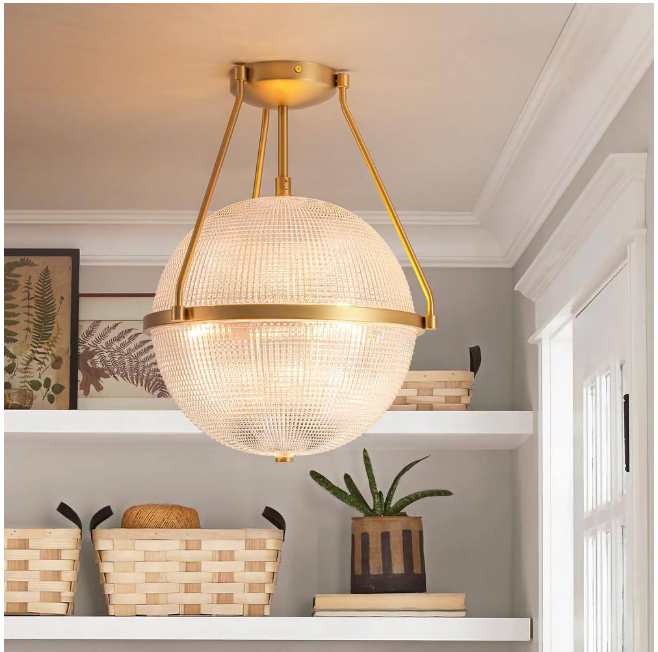 Rennnsan Lena 13.7 in. 3-Light Brass Gold Modern Industrial Semi-Flush Mount with Clear Grid Glass Globe Shade