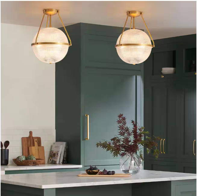 Rennnsan Lena 13.7 in. 3-Light Brass Gold Modern Industrial Semi-Flush Mount with Clear Grid Glass Globe Shade