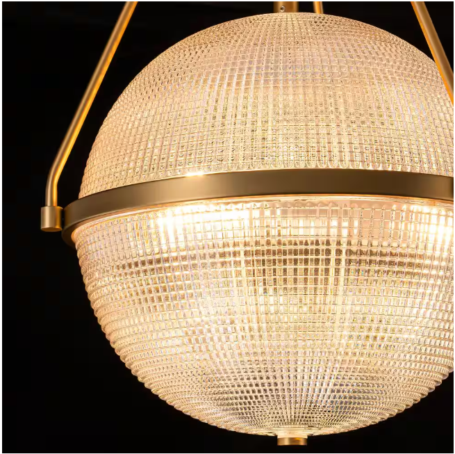 Rennnsan Lena 13.7 in. 3-Light Brass Gold Modern Industrial Semi-Flush Mount with Clear Grid Glass Globe Shade