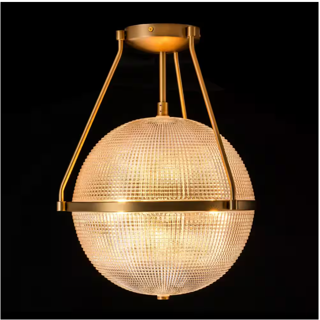 Rennnsan Lena 13.7 in. 3-Light Brass Gold Modern Industrial Semi-Flush Mount with Clear Grid Glass Globe Shade