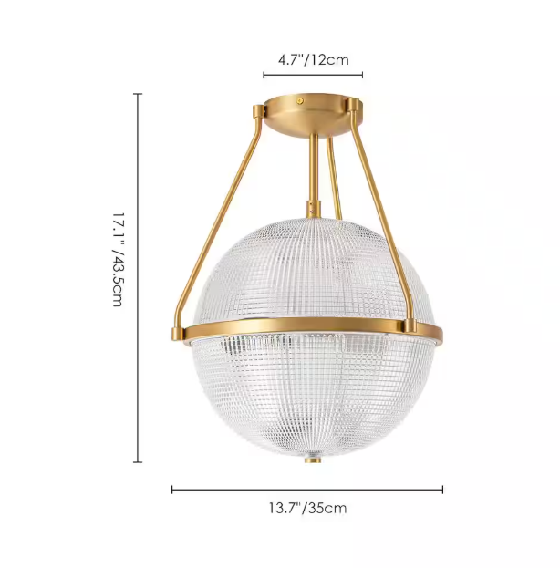 Rennnsan Lena 13.7 in. 3-Light Brass Gold Modern Industrial Semi-Flush Mount with Clear Grid Glass Globe Shade
