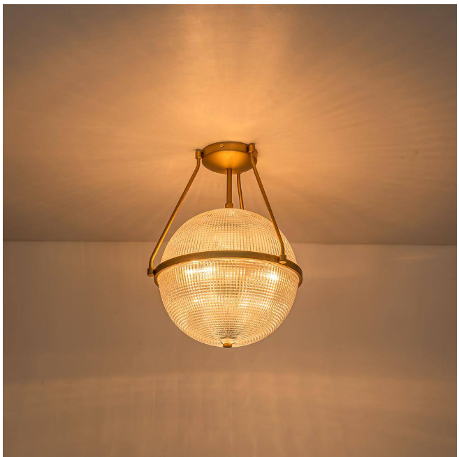 Rennnsan Lena 13.7 in. 3-Light Brass Gold Modern Industrial Semi-Flush Mount with Clear Grid Glass Globe Shade