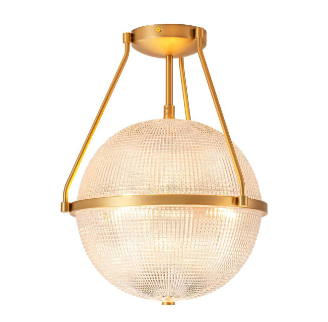 Rennnsan Lena 13.7 in. 3-Light Brass Gold Modern Industrial Semi-Flush Mount with Clear Grid Glass Globe Shade