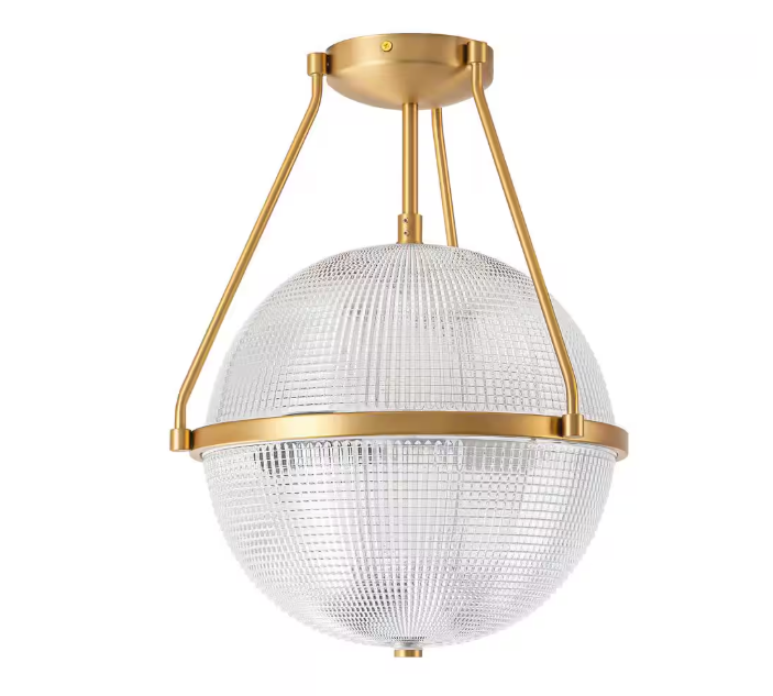 Rennnsan Lena 13.7 in. 3-Light Brass Gold Modern Industrial Semi-Flush Mount with Clear Grid Glass Globe Shade