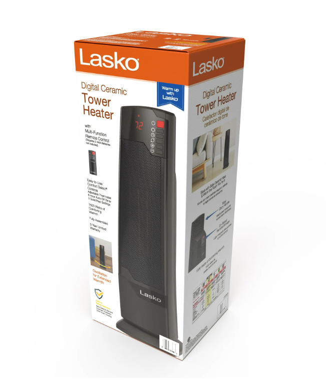 Lasko 22" 1500W Oscillating Ceramic Tower Space Heater with Remote, Black, CT22835