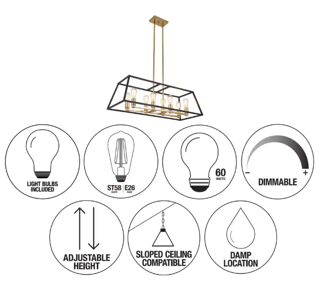 Artika Carter 8-Light Black and Gold Modern Industrial Cage Chandelier Light Fixture for Dining Room or Kitchen