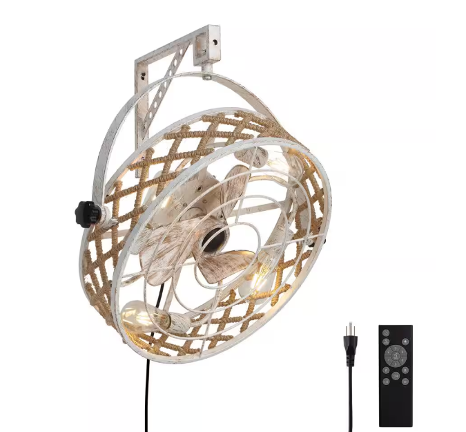 FANNEHONNE 20 in. Bohemian Indoor White Wall Mount Caged Ceiling Fan with Light and Remote, Reversible for Garage, Office