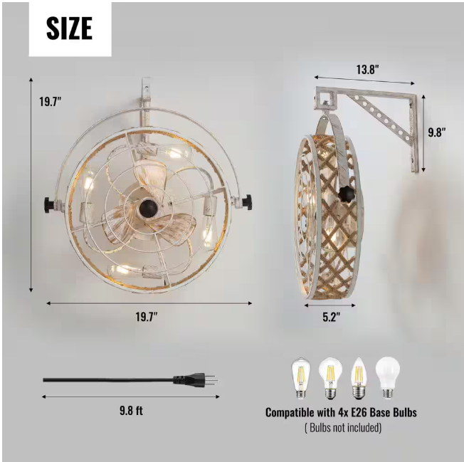 FANNEHONNE 20 in. Bohemian Indoor White Wall Mount Caged Ceiling Fan with Light and Remote, Reversible for Garage, Office